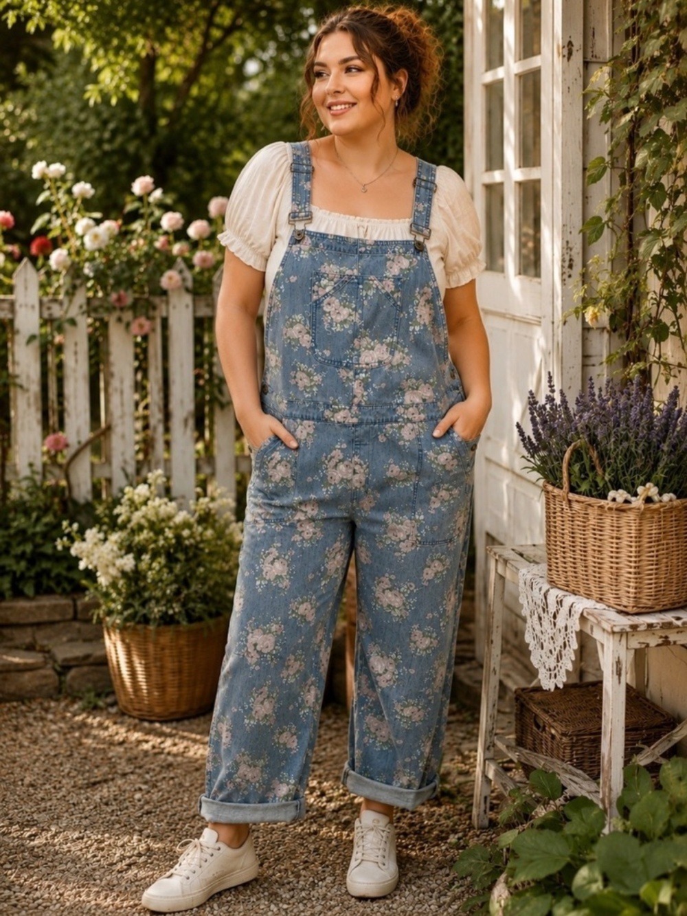April Cornell Floral Denim Overalls XXL Cottagecore Vintage Style Prairiecore
